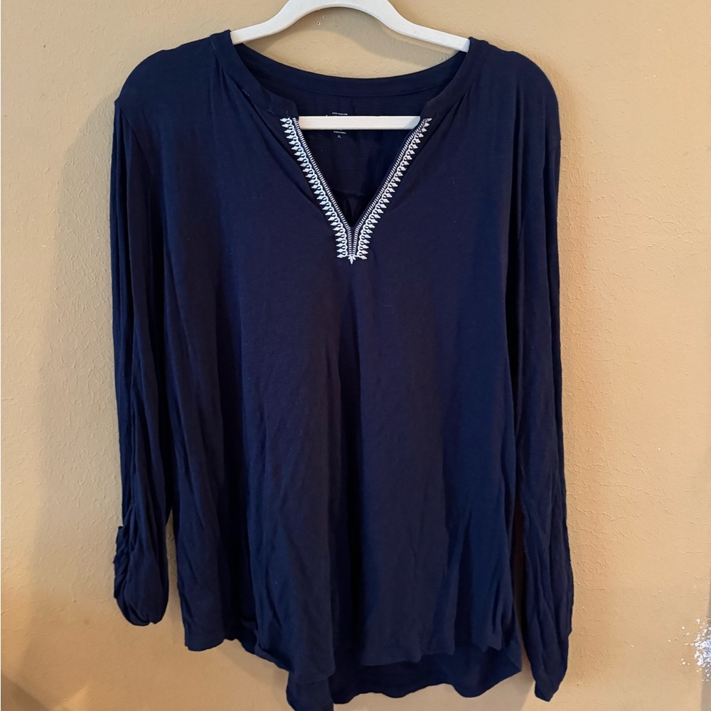 Loft Mid Sleeve Navy Blue Top with White Trim